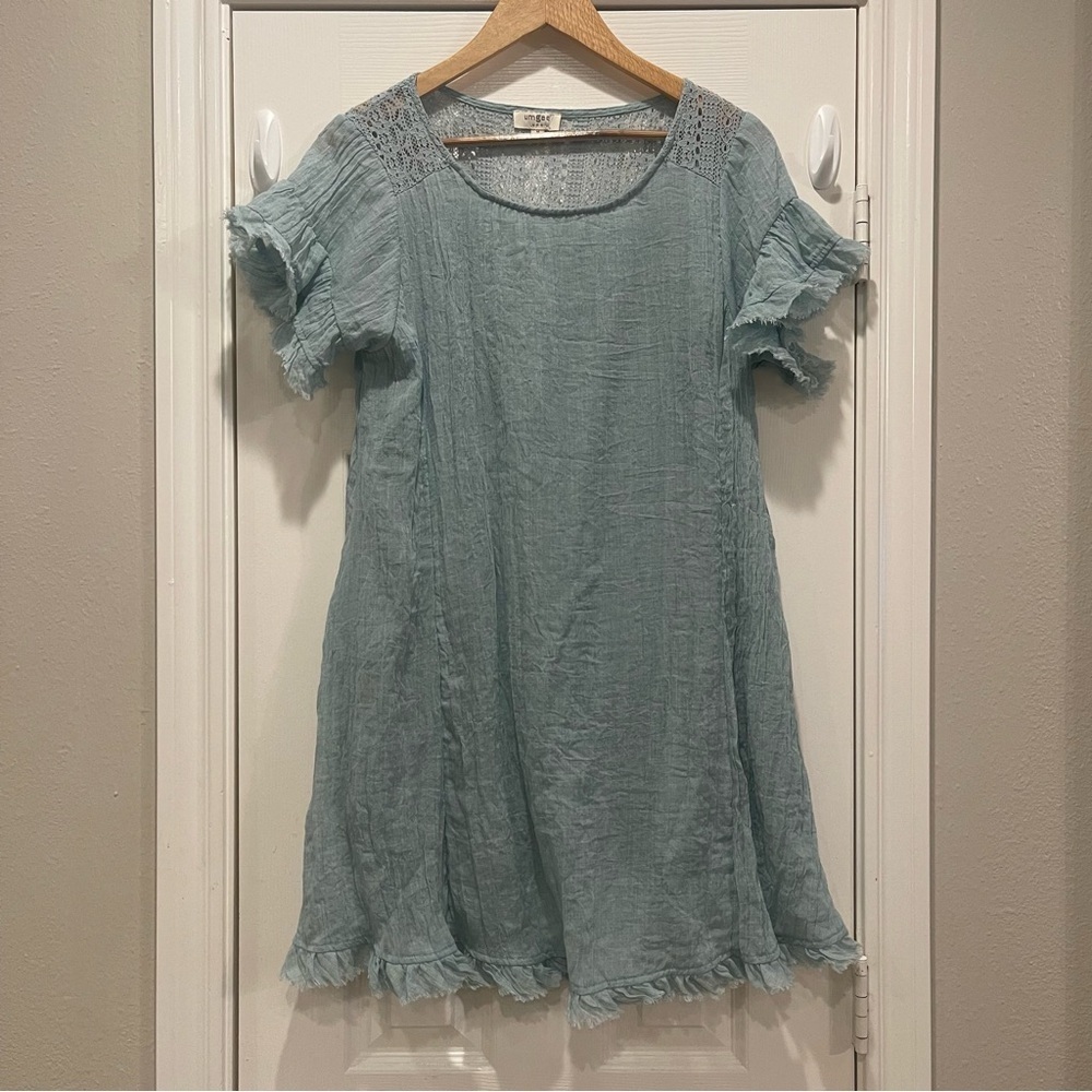 Umgee Mini Dress Women’s Medium Light Blue Gauzy Cotton Blend Lace Crochet Boho
